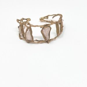 Rose quartz and brass cuff bracelet. Adjustable for easy fit.